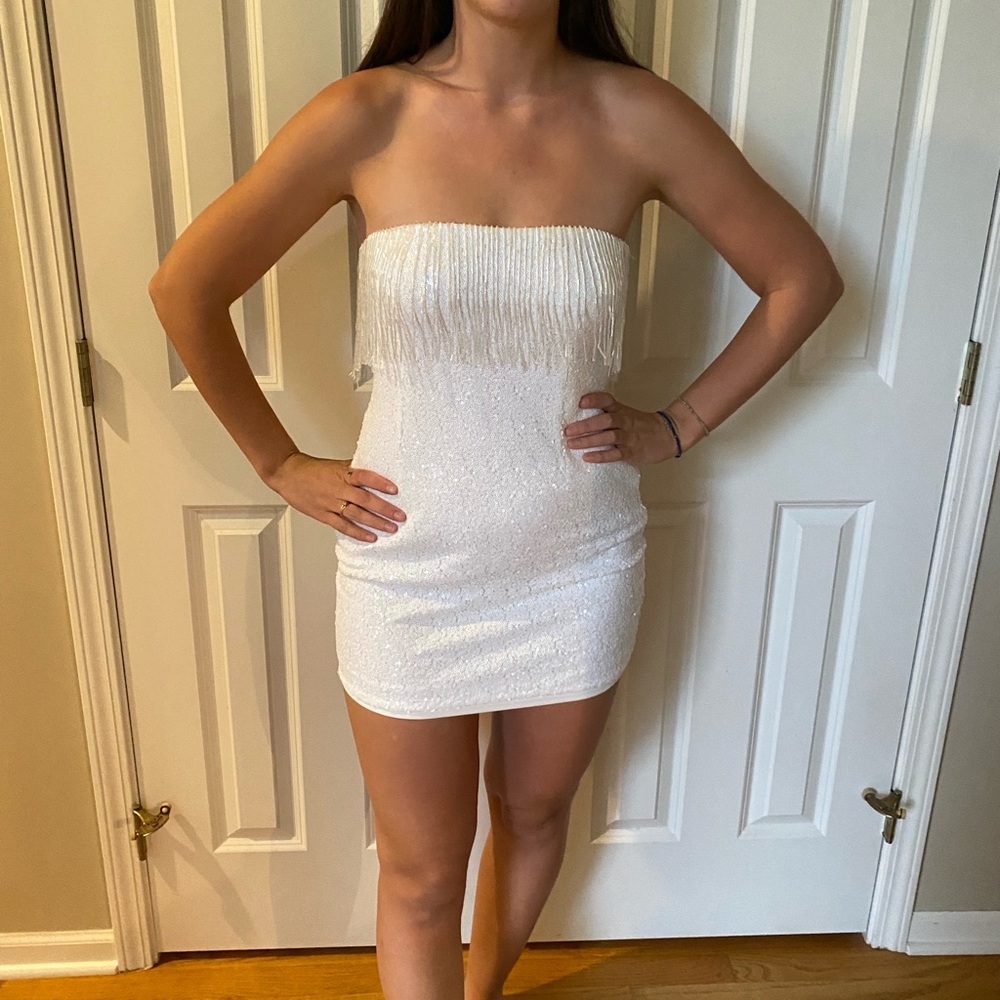 White Sequin Beaded Fringe Mini Dress